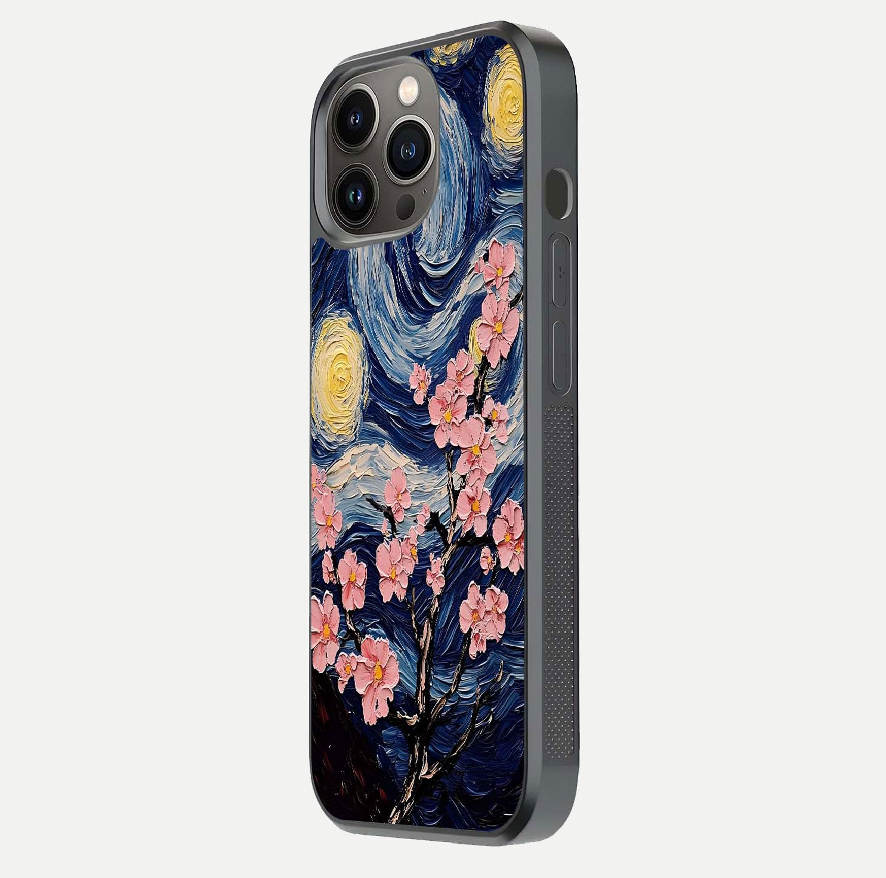 Van Gogh Scenery Glass Case for iPhone 13 Pro side-angle image showing shine, gloss, and scenic color palette