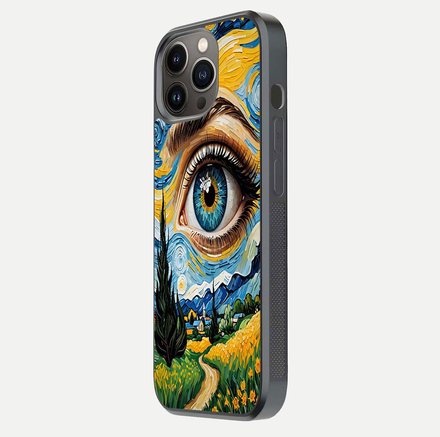 Van Gogh Eye Glass Case for iPhone 16 Pro side-angle image showing reflection, gloss, and artistic contrast