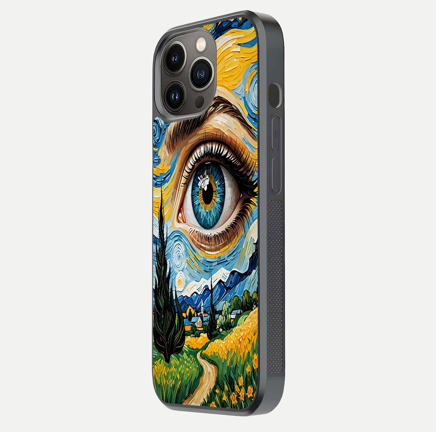 Van Gogh Eye Glass Case for iPhone 16 Pro side-angle image showing reflection, gloss, and artistic contrast