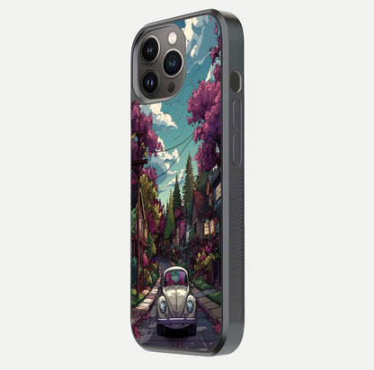 Vintage Street Drive Glass Case for iPhone 13 Pro side-angle image showing gloss reflection and design detail