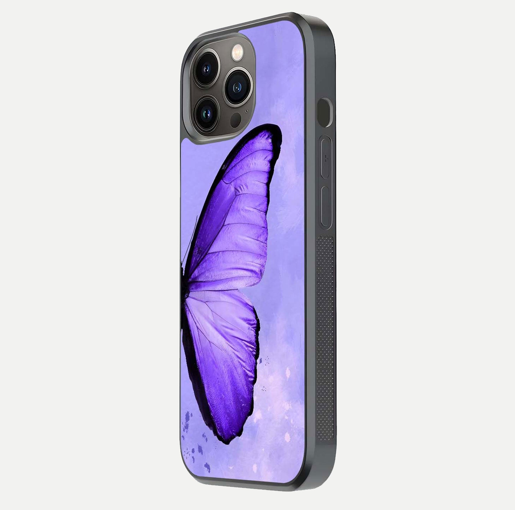 Violet Dream Wing Glass Case for iPhone 13 Pro side-angle image showing gloss, shine, and violet gradient