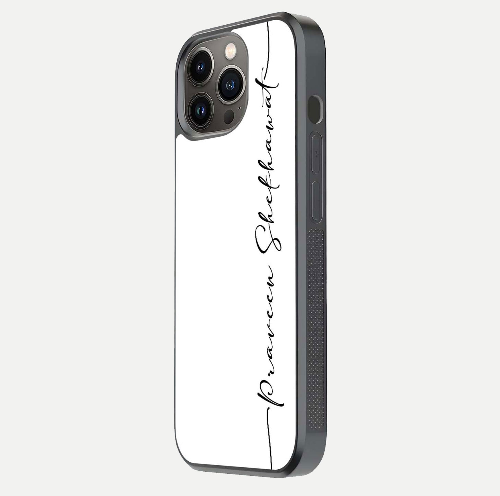 White Tune Custom Name Glass Case for iPhone 13 Pro side-angle image showing shine, gloss, and minimal tone