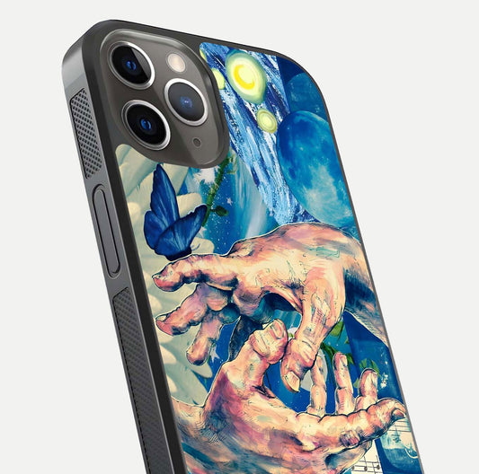 Aesthetic Divider Glass Case for iPhone 13 Pro close-up angled shot showing detailed divider artwork and gloss reflection
