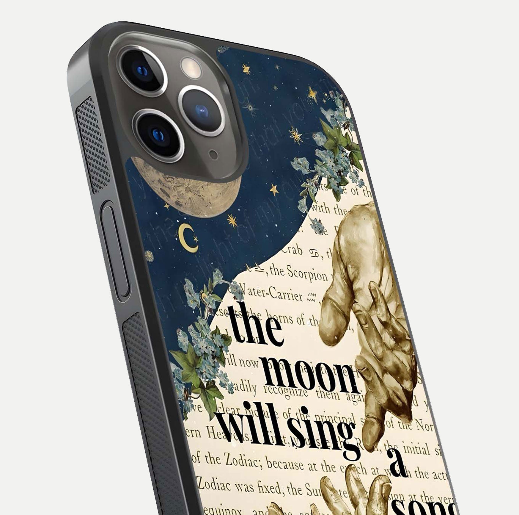 Aesthetic Divine Glass Case for iPhone 16 Pro close-up angled shot showing detailed divine artwork and gloss reflection