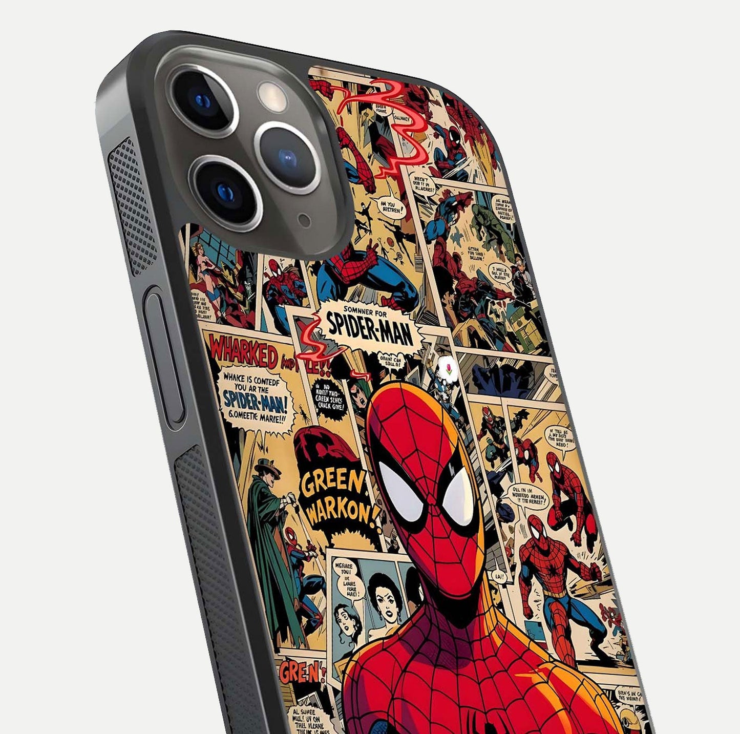 Aesthetic Spider Man Glass Case for iPhone 16 Pro close-up angled shot showing detailed Spider-Man artwork and gloss reflection