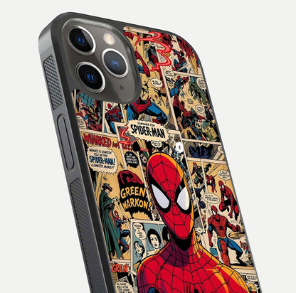 Aesthetic Spider Man Glass Case for iPhone 16 Pro close-up angled shot showing detailed Spider-Man artwork and gloss reflection