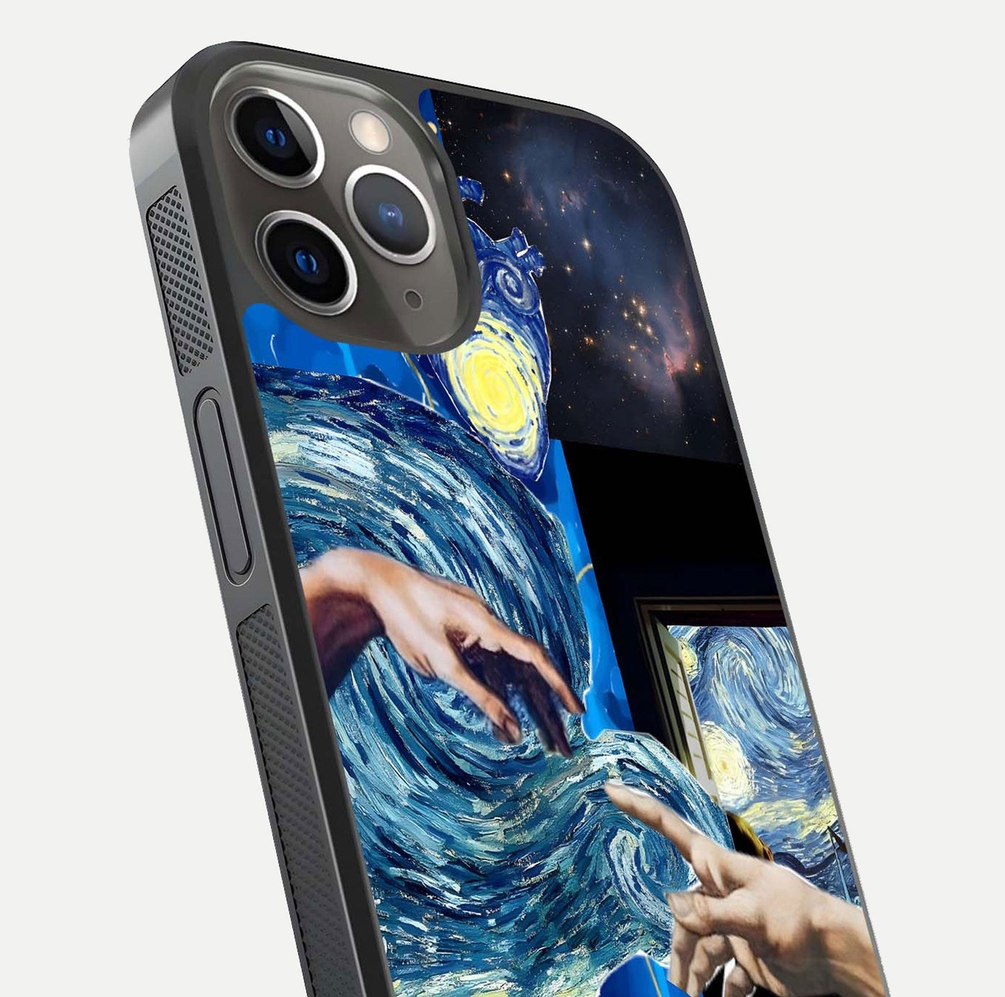 Aesthetic Vando Hands Glass Case for iPhone 16 Pro close-up angle showing fine detailing of hand artwork and glass reflection