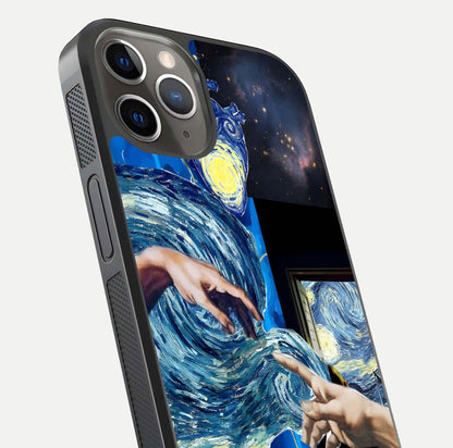 Aesthetic Vando Hands Glass Case for iPhone 16 Pro close-up angle showing fine detailing of hand artwork and glass reflection