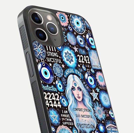Angel Aura Shield Glass Case for iPhone 13 Pro close-up view capturing aura glow, metallic tones, and shine texture