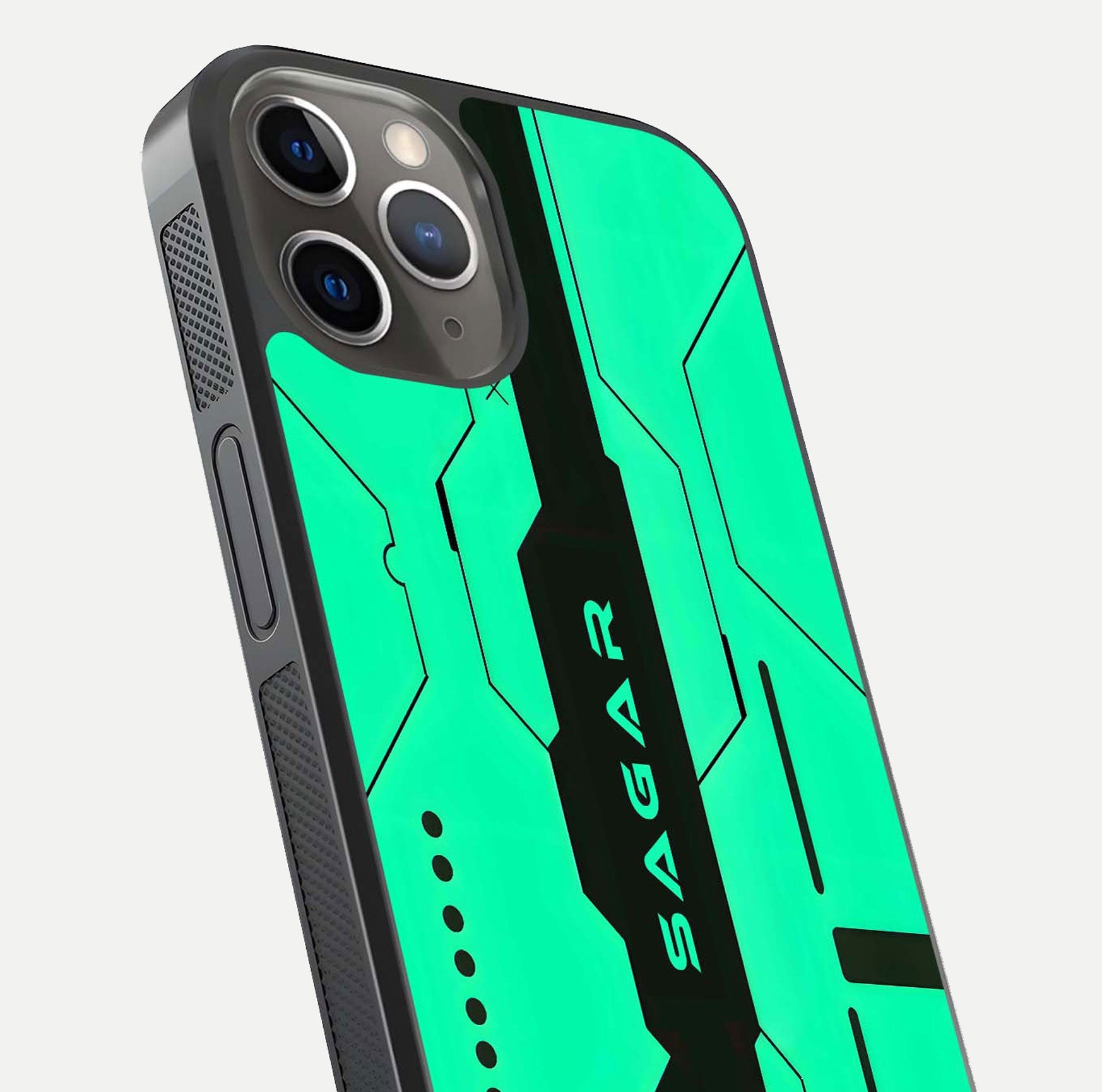 Aqua Tech CYBERPUNK Custom Name Glass Case for iPhone 13 Pro close-up angle showing futuristic blue lights and reflections