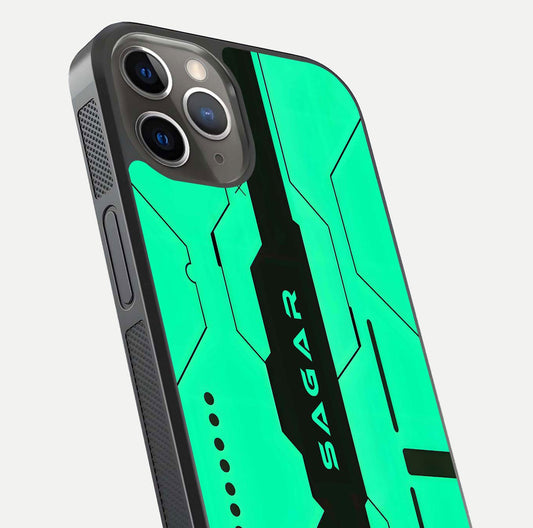 Aqua Tech CYBERPUNK Custom Name Glass Case for iPhone 13 Pro close-up angle showing futuristic blue lights and reflections