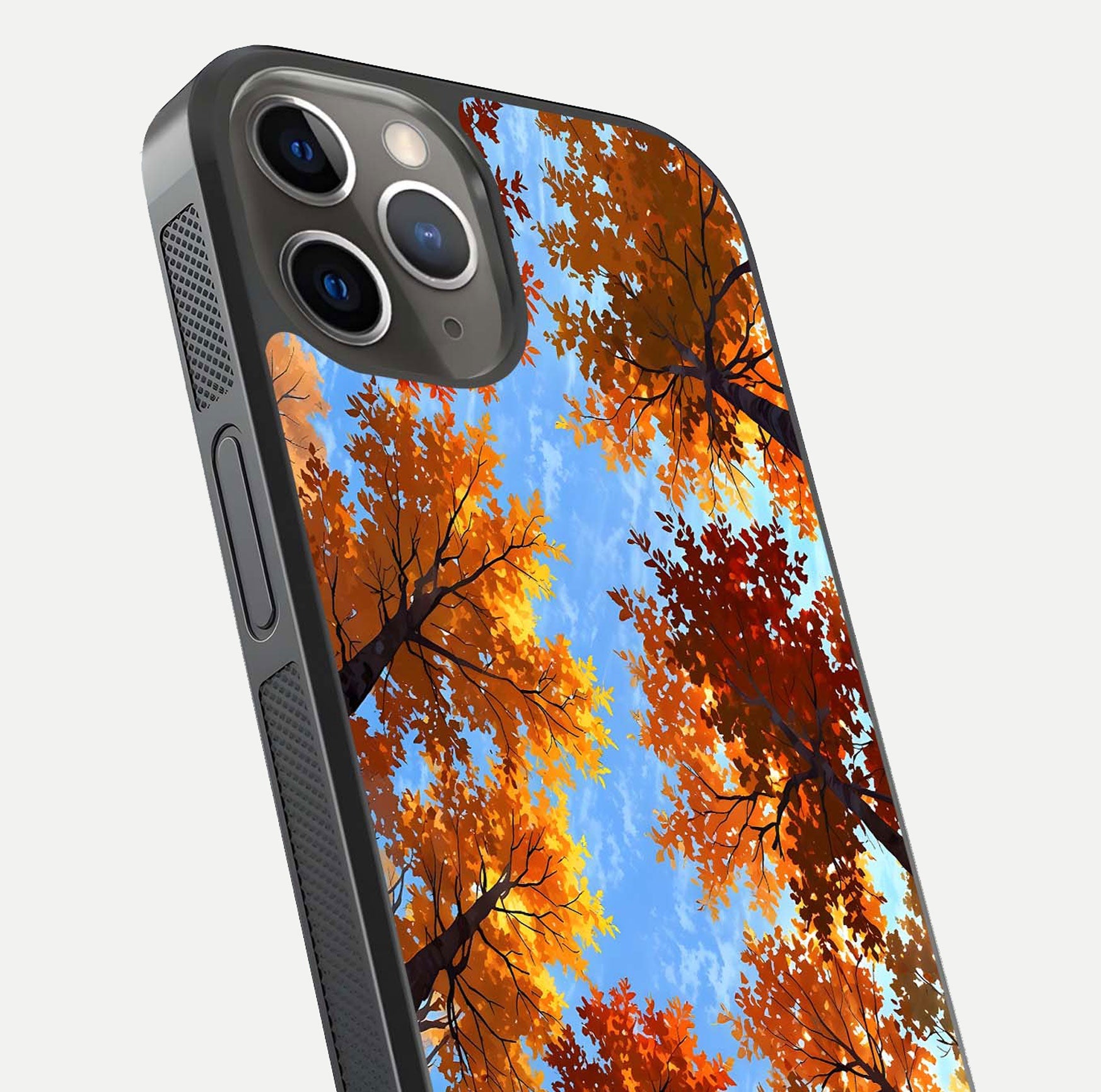 Autumn Sky Rise Glass Case for iPhone 13 Pro close-up shot of autumn tone details and HD shine reflection