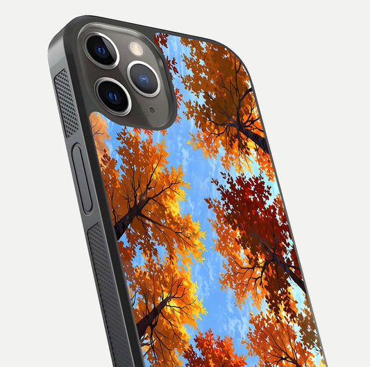 Autumn Sky Rise Glass Case for iPhone 13 Pro close-up shot of autumn tone details and HD shine reflection