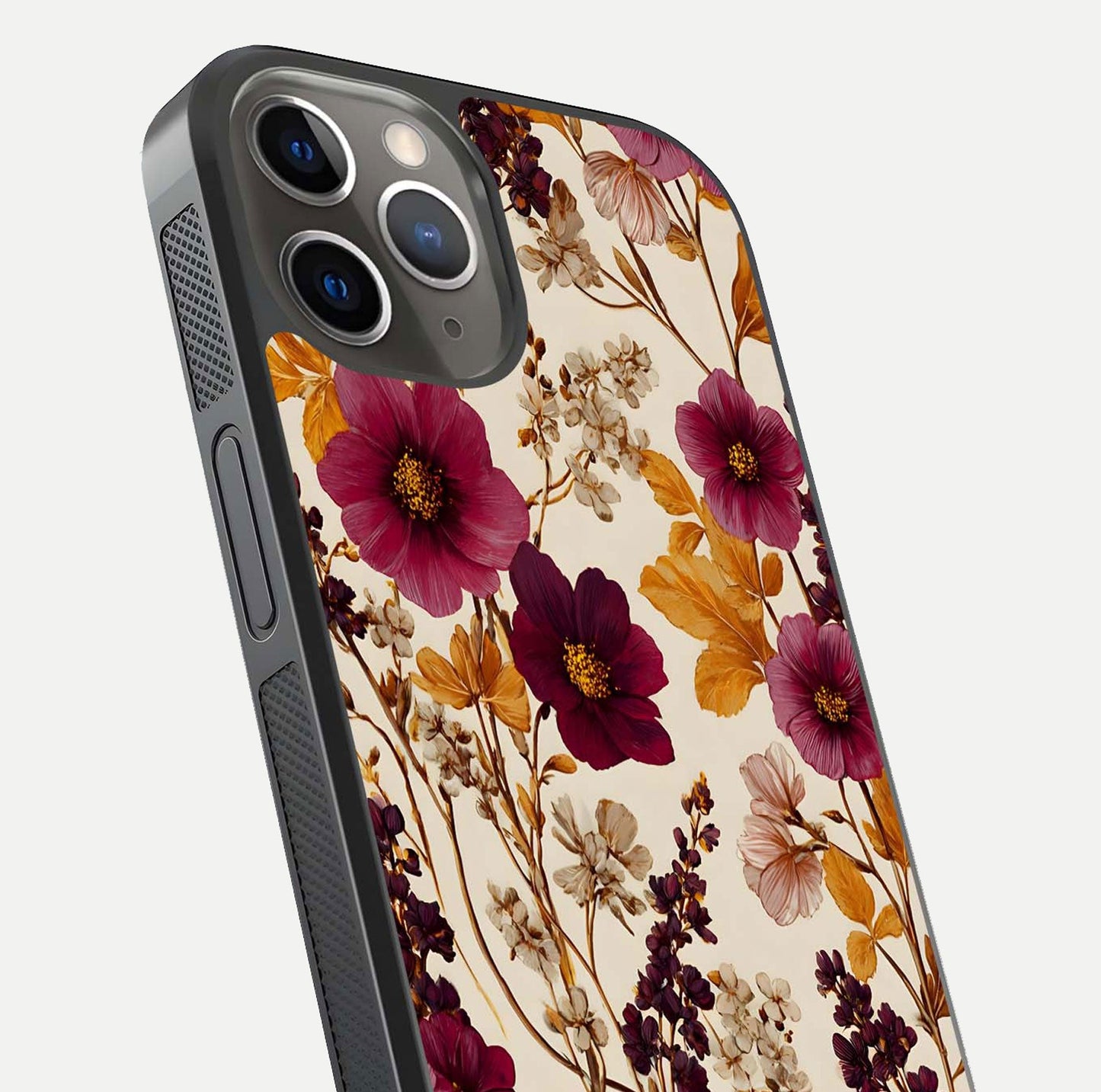 Autumn Wine Bloom Glass Case for iPhone 13 Pro close-up highlighting petal detail and gloss reflection