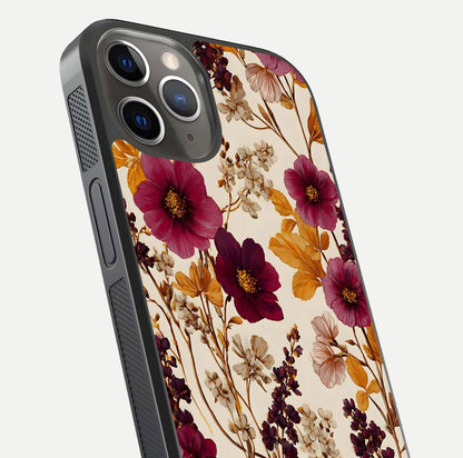 Autumn Wine Bloom Glass Case for iPhone 13 Pro close-up highlighting petal detail and gloss reflection