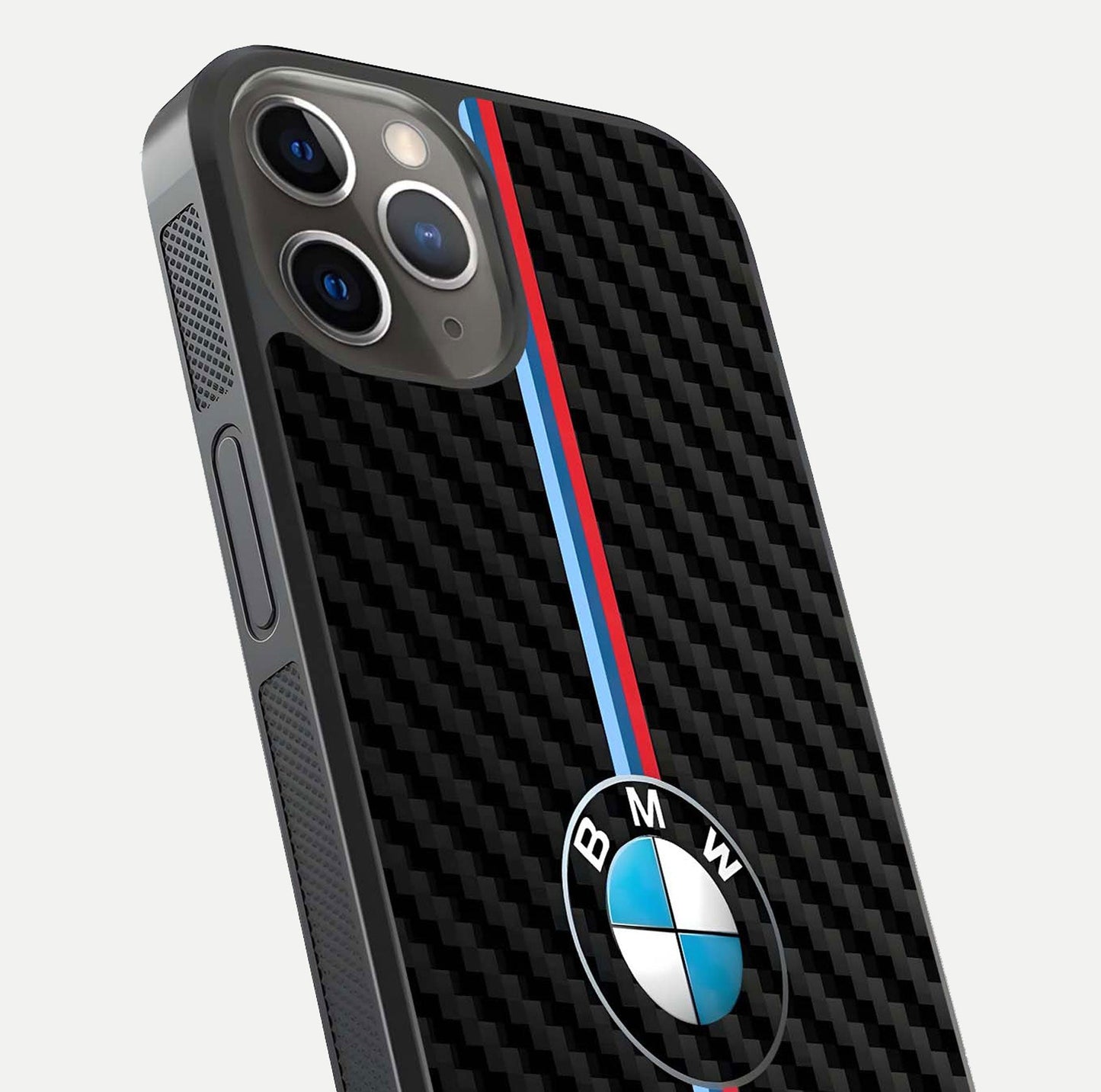 BMW Pattern Glass Case for iPhone 13 Pro close-up angle showing BMW logo detailing and high-reflect gloss texture