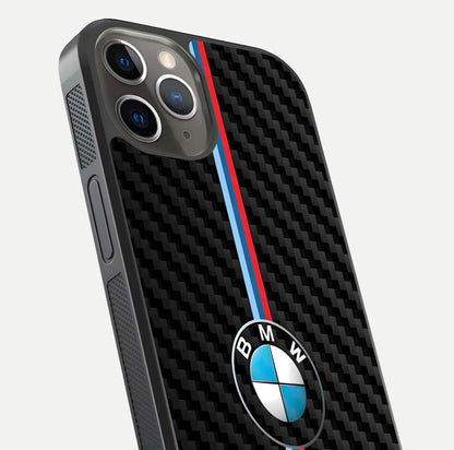 BMW Pattern Glass Case for iPhone 13 Pro close-up angle showing BMW logo detailing and high-reflect gloss texture