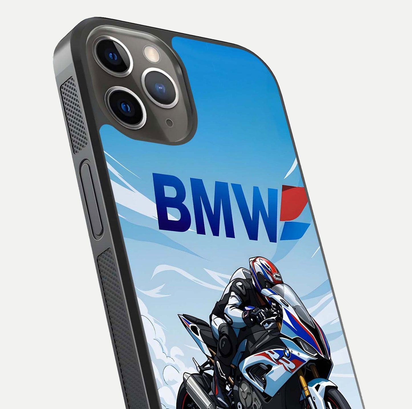 BMW Power Drift Glass Case for iPhone 13 Pro close-up view highlighting motion streaks and gloss shine