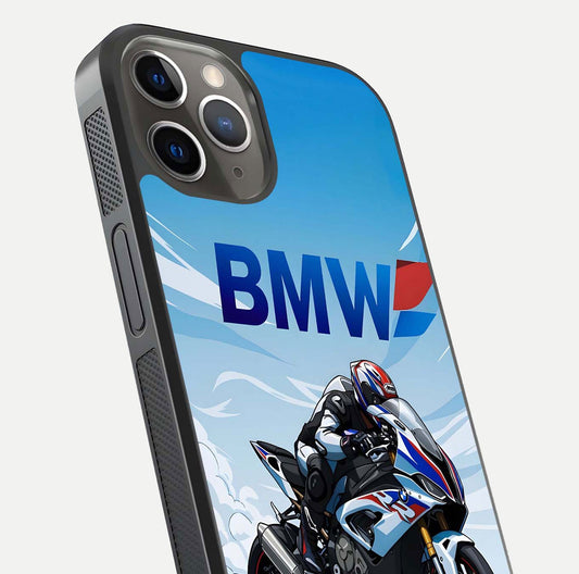 BMW Power Drift Glass Case for iPhone 13 Pro close-up view highlighting motion streaks and gloss shine