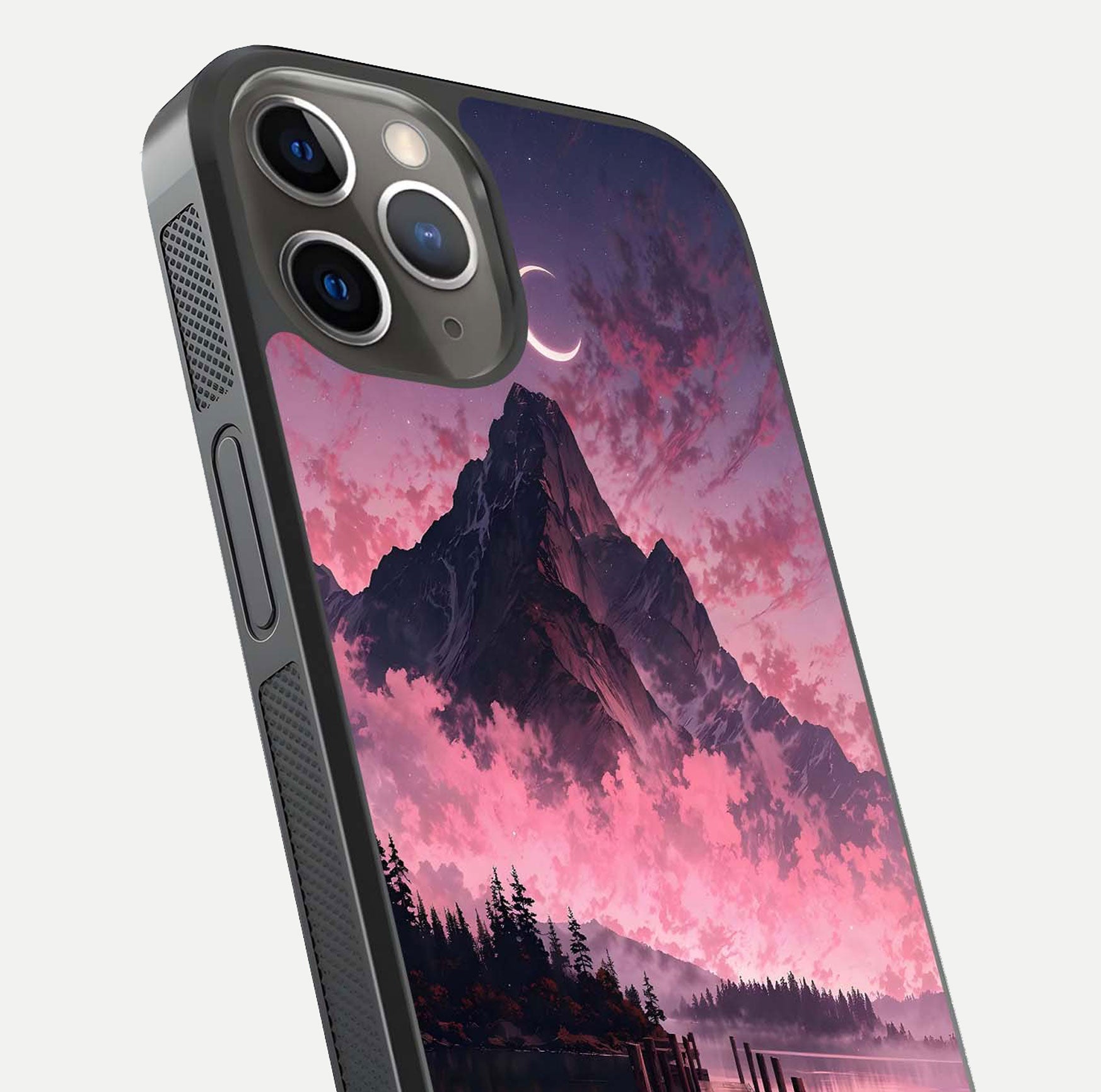 Beautyful Mountain View Glass Case for iPhone 13 Pro close-up angle highlighting landscape details and shine