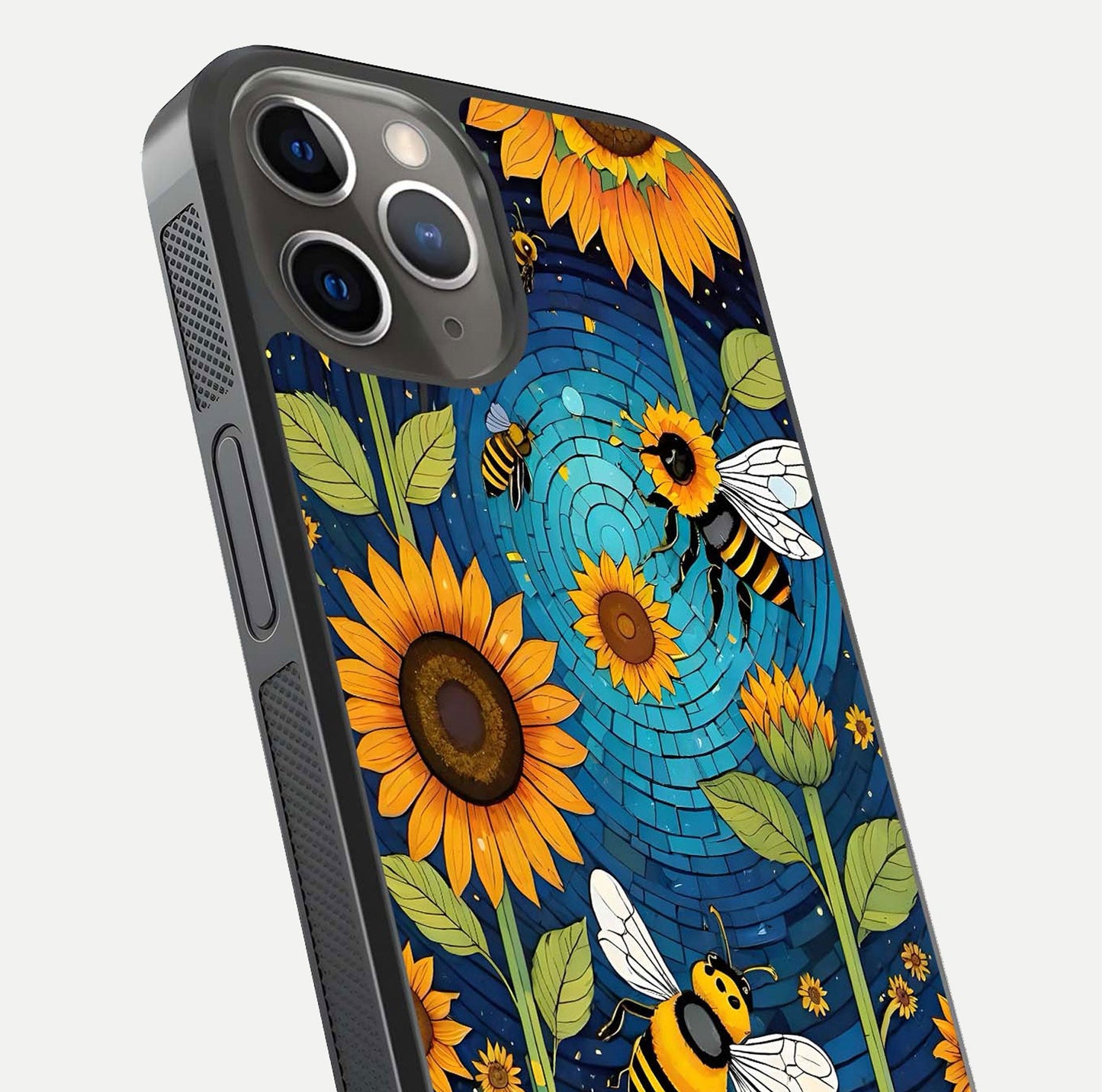 Bees & Sunflowers Glass Case for iPhone 13 Pro close-up angled shot showing detailed petals, bee prints, and glass reflection