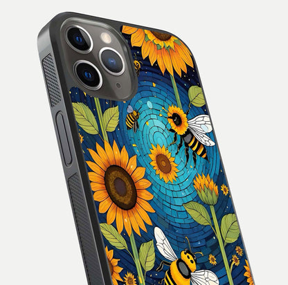 Bees & Sunflowers Glass Case for iPhone 13 Pro close-up angled shot showing detailed petals, bee prints, and glass reflection