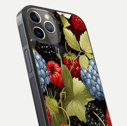 Berry Bloom Charm Glass Case for iPhone 13 Pro close-up view highlighting berry color tones and fine petal detailing