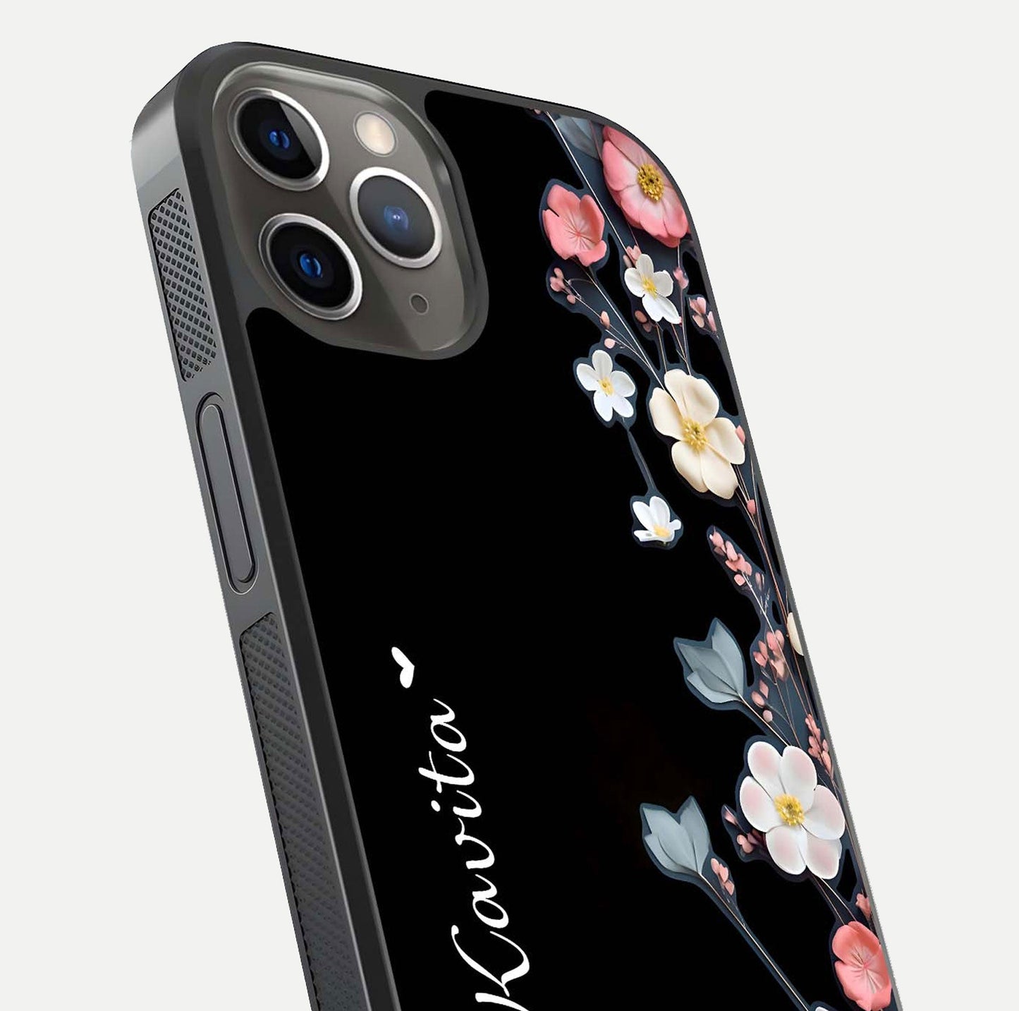 Black Elegance Floral Custom Name Glass Case for iPhone 13 Pro close-up shot showing rose detailing and elegant reflection