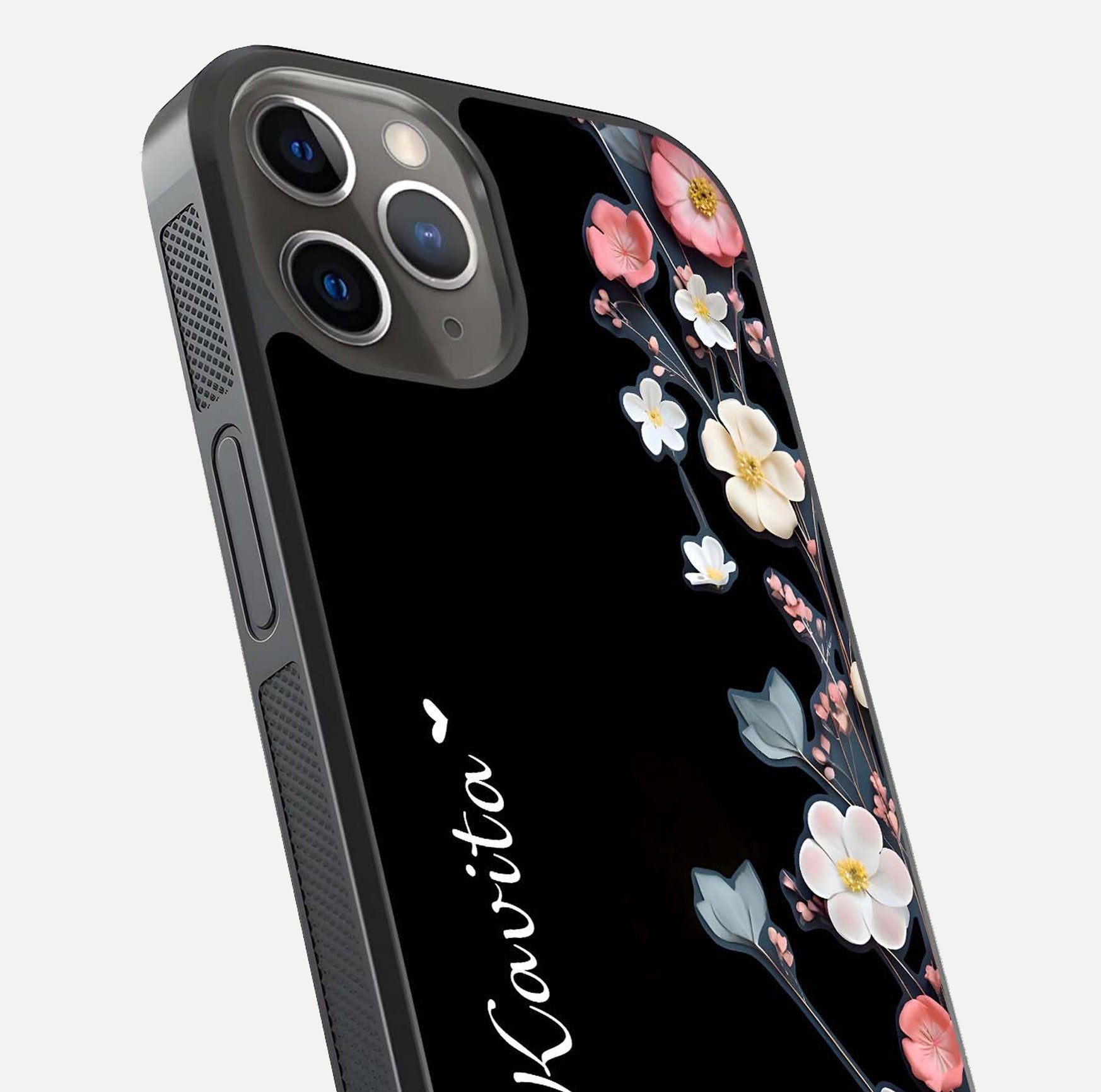 Black Elegance Floral Custom Name Glass Case for iPhone 13 Pro close-up shot showing rose detailing and elegant reflection