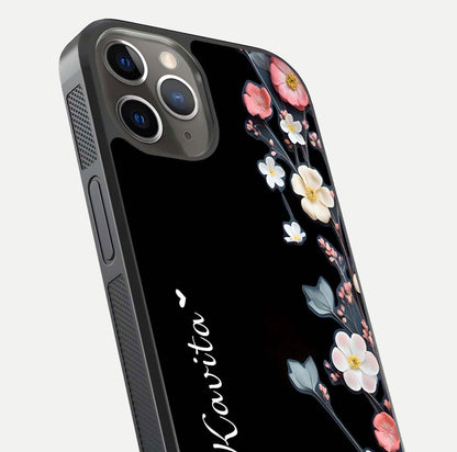 Black Elegance Floral Custom Name Glass Case for iPhone 13 Pro close-up shot showing rose detailing and elegant reflection