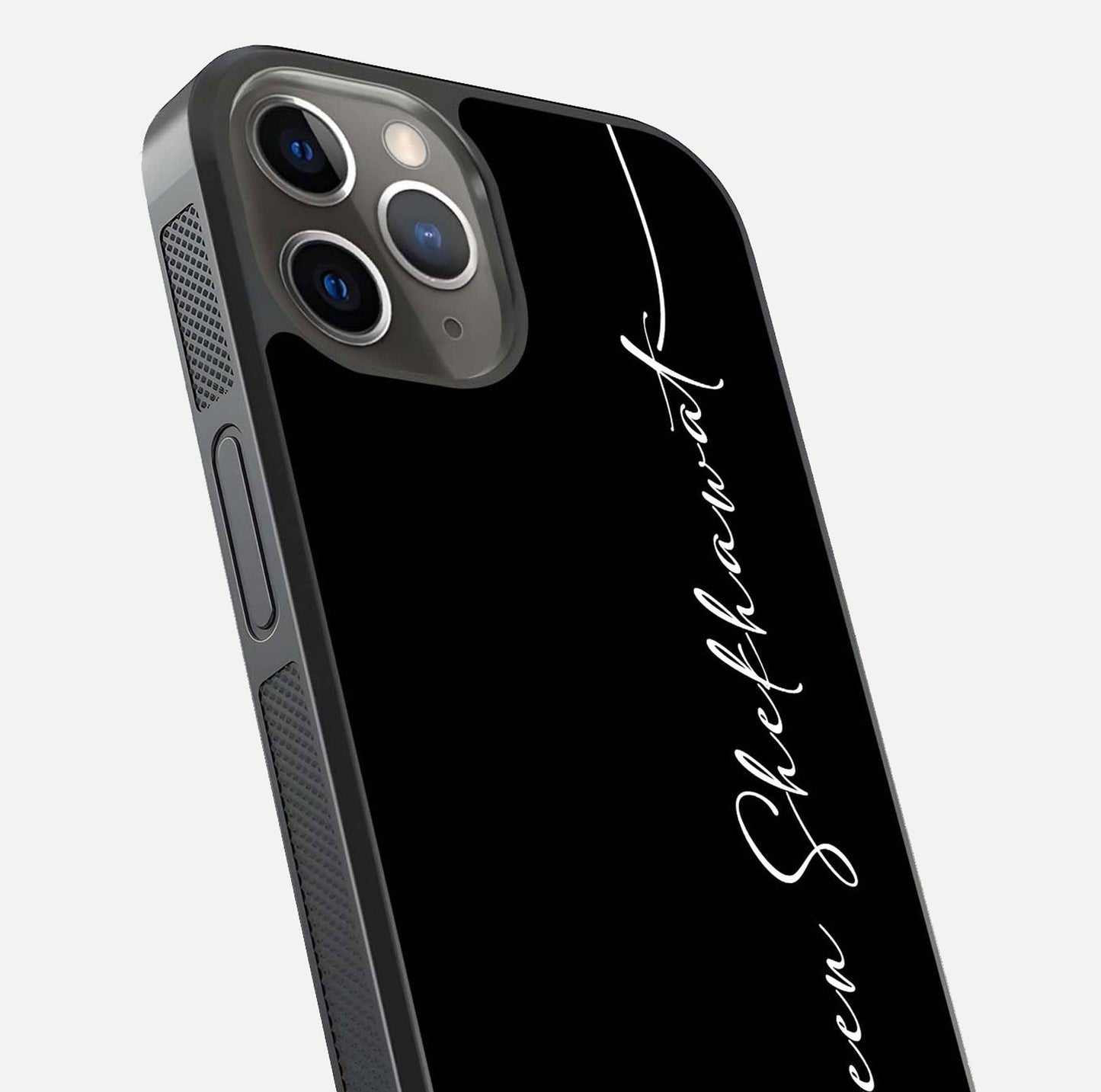 Black Tune Custom Name Glass Case for iPhone 13 Pro close-up shot highlighting sleek monochrome design and reflection