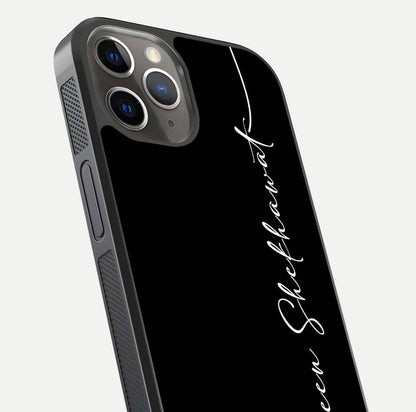 Black Tune Custom Name Glass Case for iPhone 13 Pro close-up shot highlighting sleek monochrome design and reflection