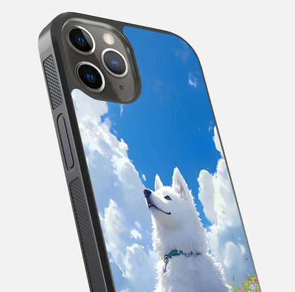 Blissful Cloud Pup Glass Case for iPhone 16 Pro close-up image highlighting puppy details and glossy reflection