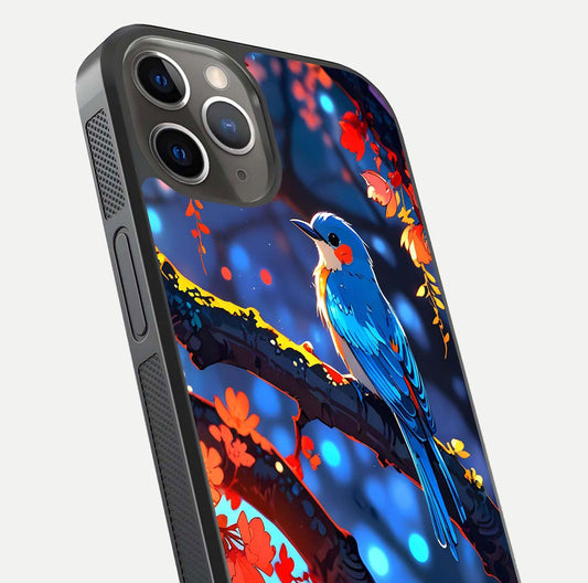 Blooming Spendor Bird Glass Case for iPhone 13 Pro close-up shot highlighting bird design details and glossy shine