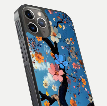 Blossom Dream Sky Glass Case for iPhone 13 Pro close-up shot highlighting dreamlike clouds and pink blossoms