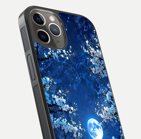 Blossom Moonlight Sky Glass Case for iPhone 13 Pro close-up angle capturing moon glow and flower detail reflections