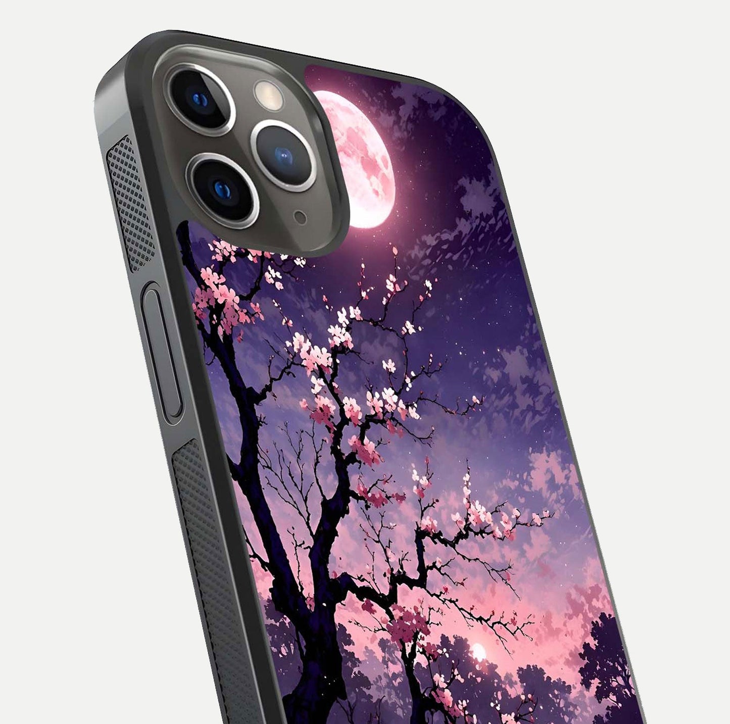 Blossom Pink Moon Glass Case for iPhone 13 Pro close-up shot showing pink tones, moon highlight, and reflection gloss