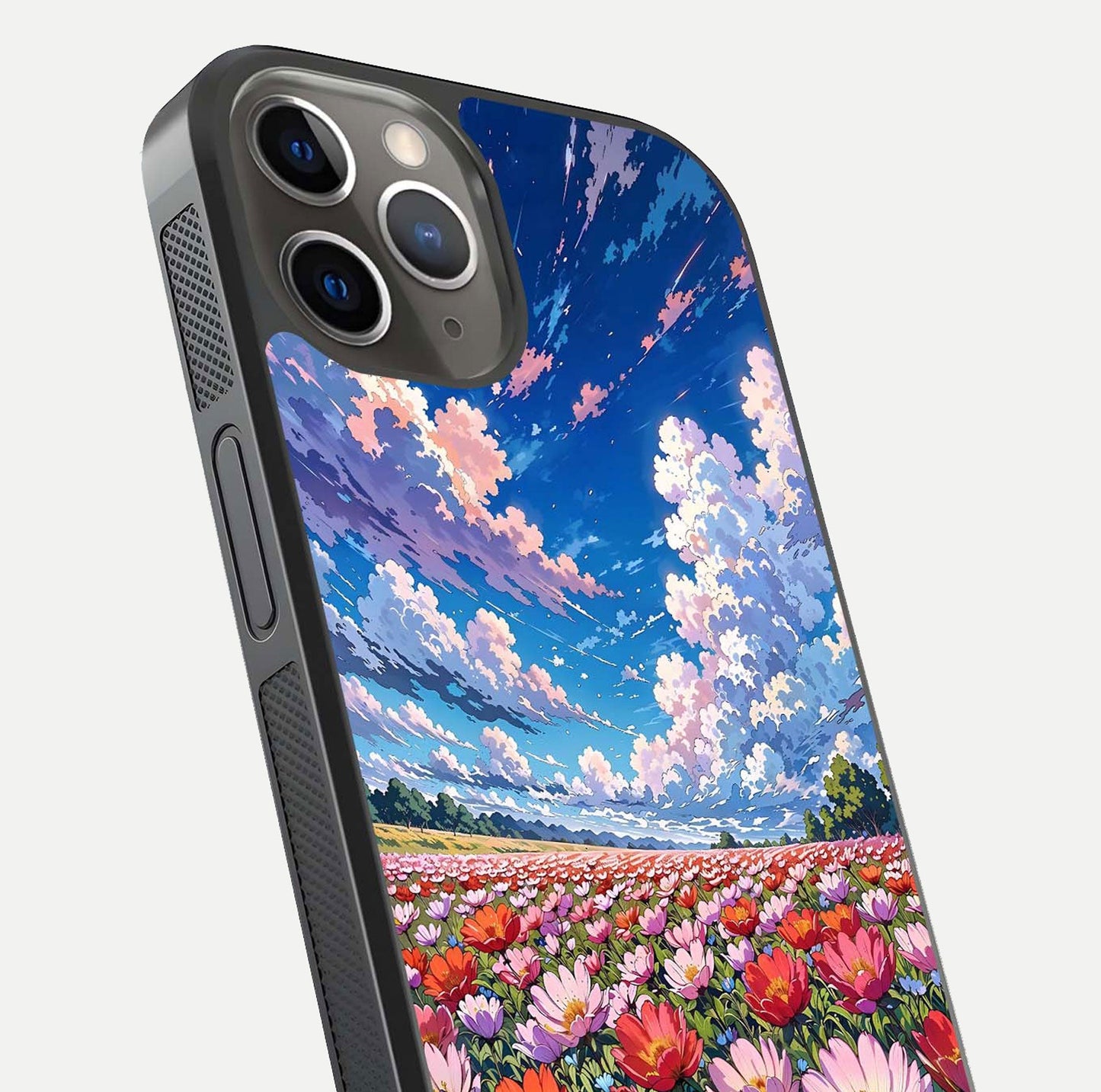 Blossom Sky Field Glass Case for iPhone 13 Pro close-up image showing petal patterns and subtle sky gradient