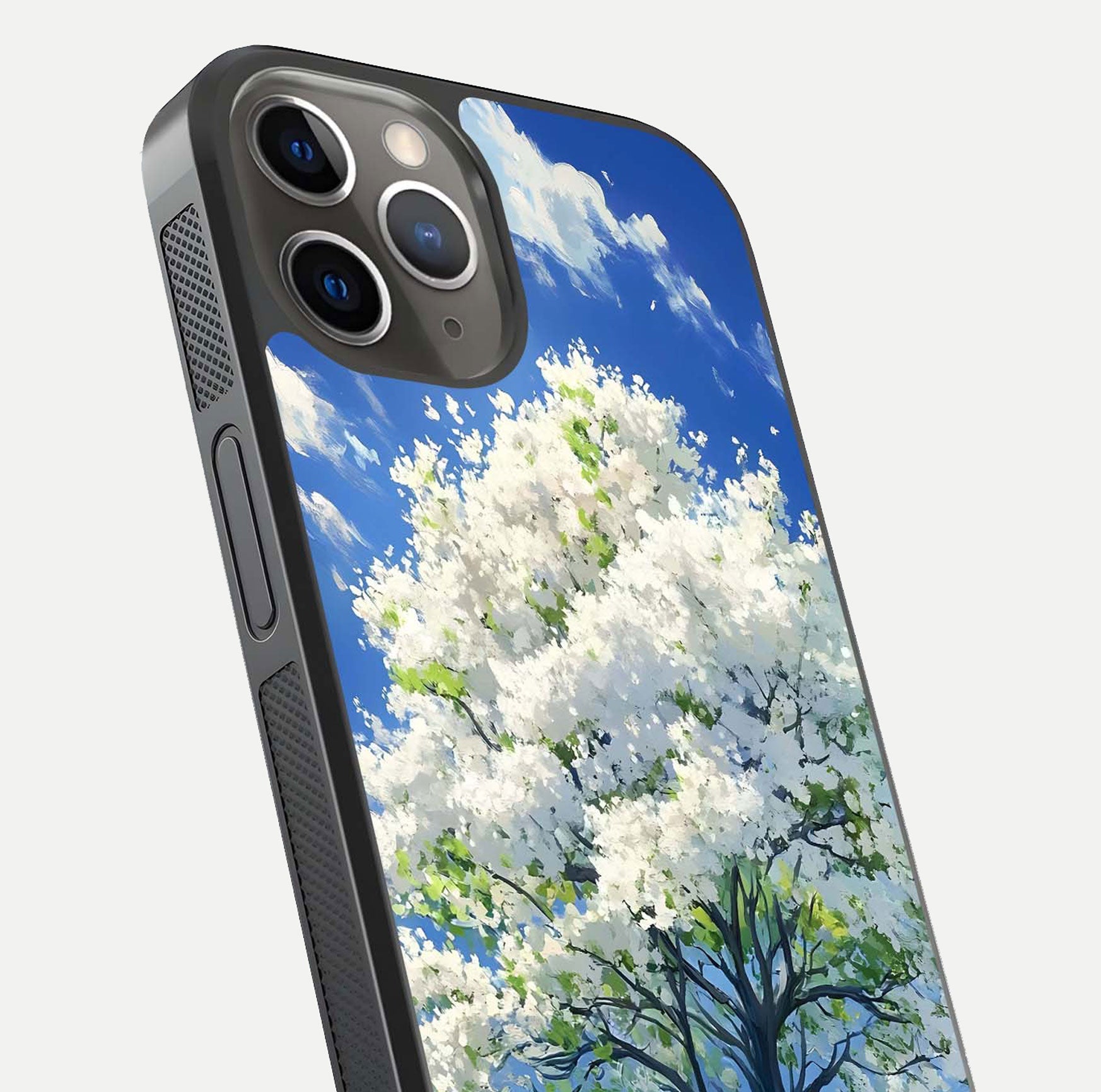 Blossom Sky Serenity Glass Case for iPhone 13 Pro close-up highlighting calming flower details and reflection gloss