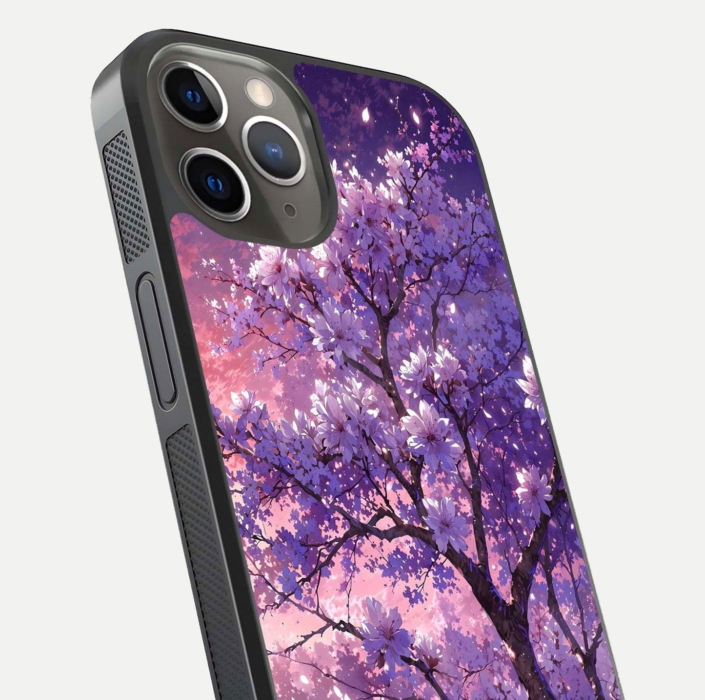 Blossom Tree Glass Case for iPhone 13 Pro close-up image highlighting tree branches, blossoms, and shine