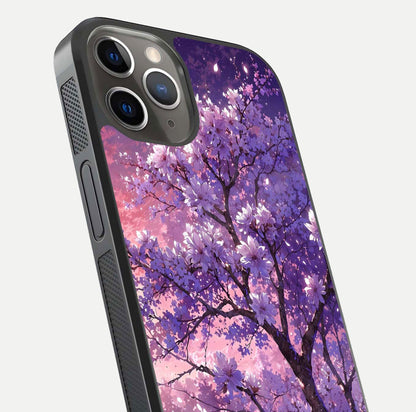 Blossom Tree Glass Case for iPhone 13 Pro close-up image highlighting tree branches, blossoms, and shine