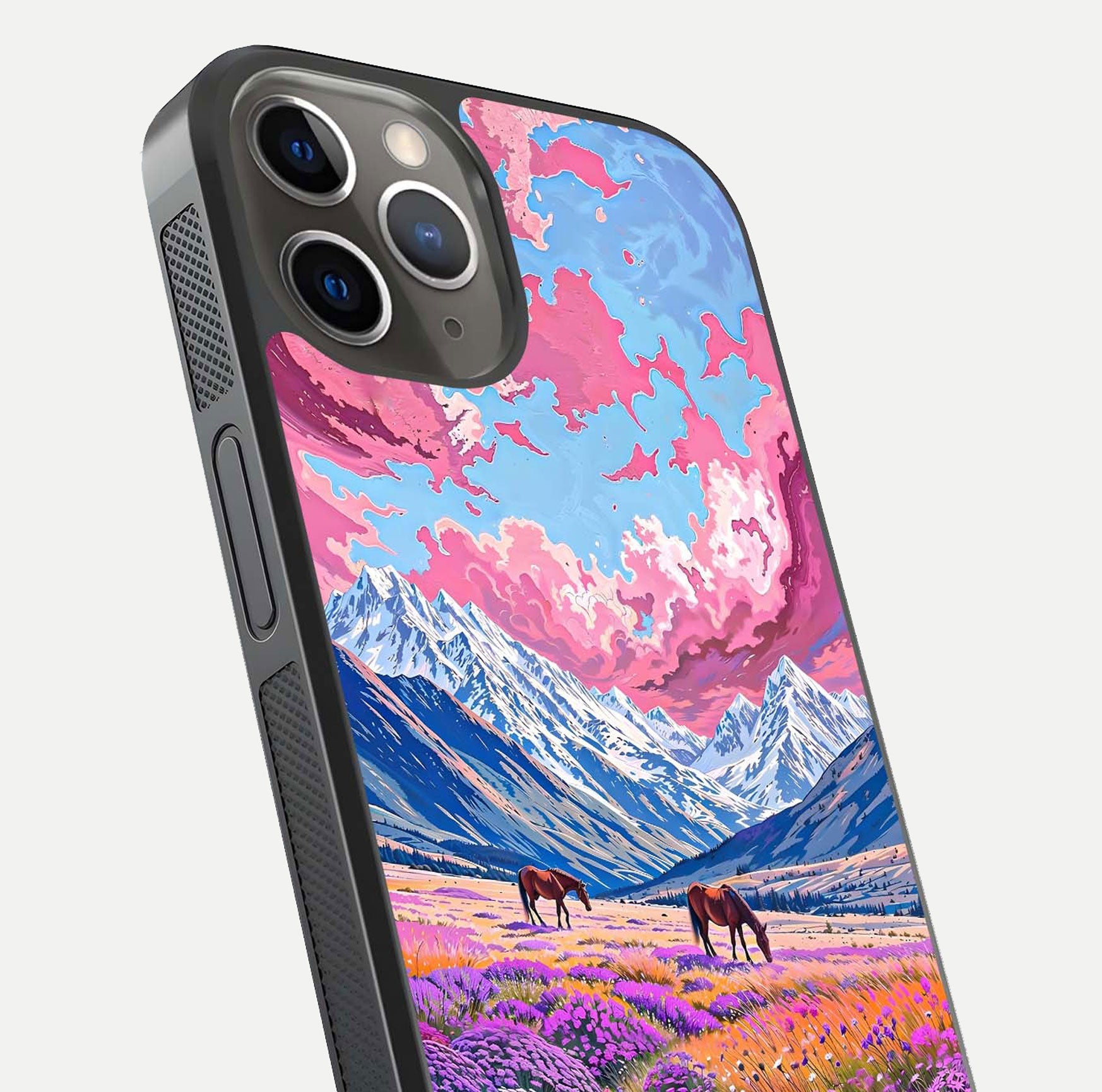 Blossom Valley Dream Glass Case for iPhone 13 Pro close-up view showing detailed flower print and pastel hues