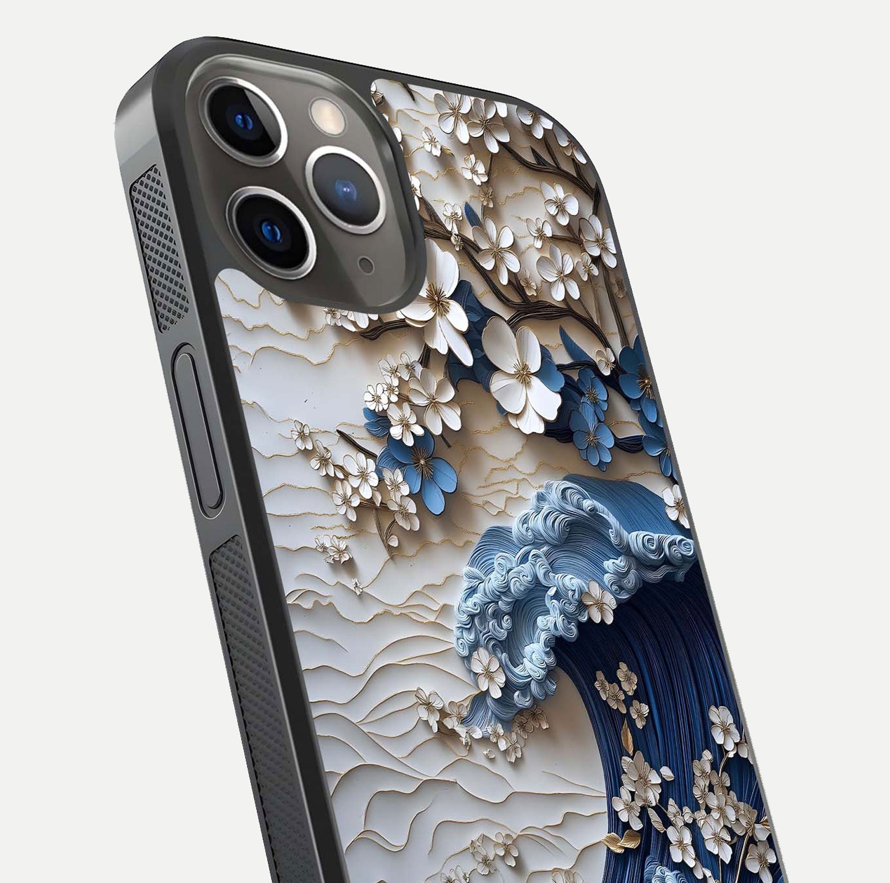 Blossom Wave Art Glass Case for iPhone 13 Pro close-up shot highlighting wave motion in floral art and reflection