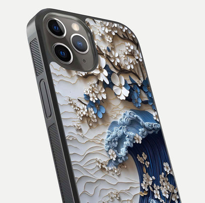 Blossom Wave Art Glass Case for iPhone 13 Pro close-up shot highlighting wave motion in floral art and reflection