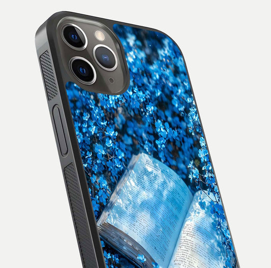 Blue Bloom Tales Glass Case for iPhone 13 Pro close-up angle showing petal texture and blue tone reflection