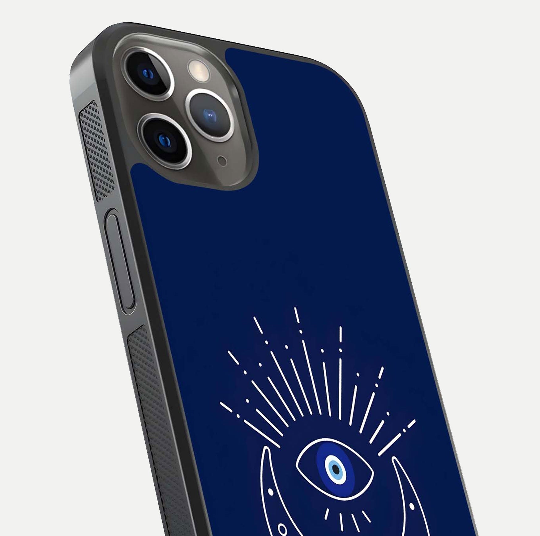 Blue Evil Eye Glass Case for iPhone 13 Pro close-up shot highlighting eye motif, protection symbol, and glass shine