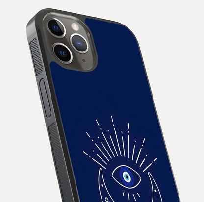 Blue Evil Eye Glass Case for iPhone 13 Pro close-up shot highlighting eye motif, protection symbol, and glass shine