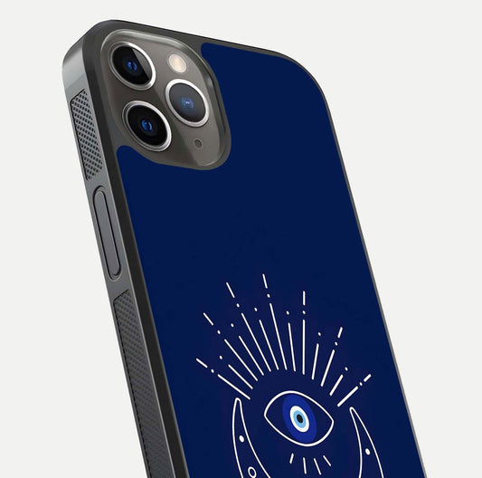 Blue Evil Eye Glass Case for iPhone 13 Pro close-up shot highlighting eye motif, protection symbol, and glass shine
