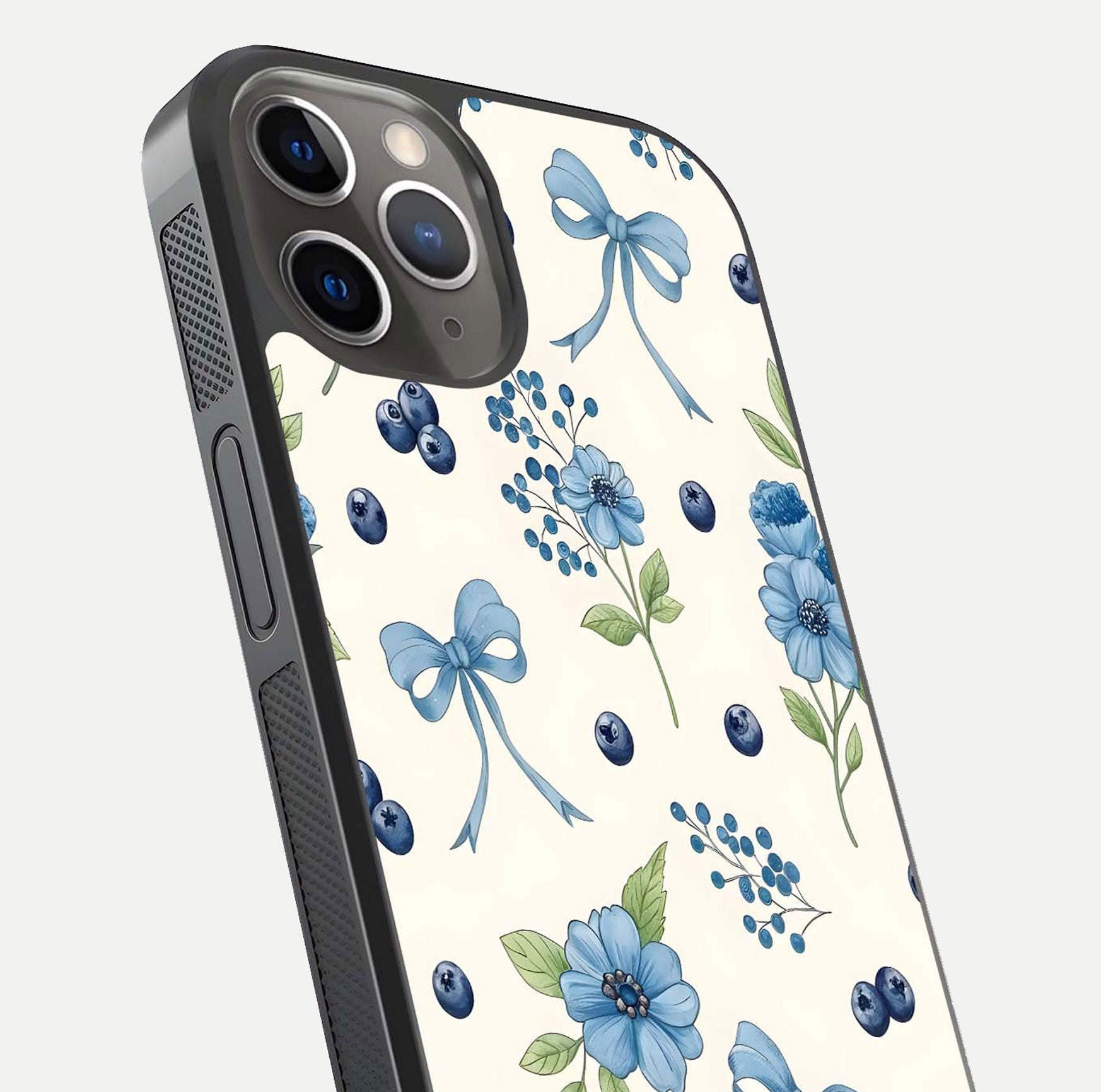 Blue Flower & Bow Glass Case for iPhone 13 Pro close-up shot highlighting ribbon detail and flower gloss finish