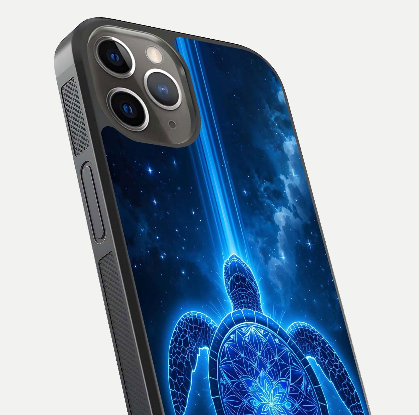Blue Galaxy Turtle Glass Case for iPhone 13 Pro close-up image showing turtle shell detail and glowing galaxy tones